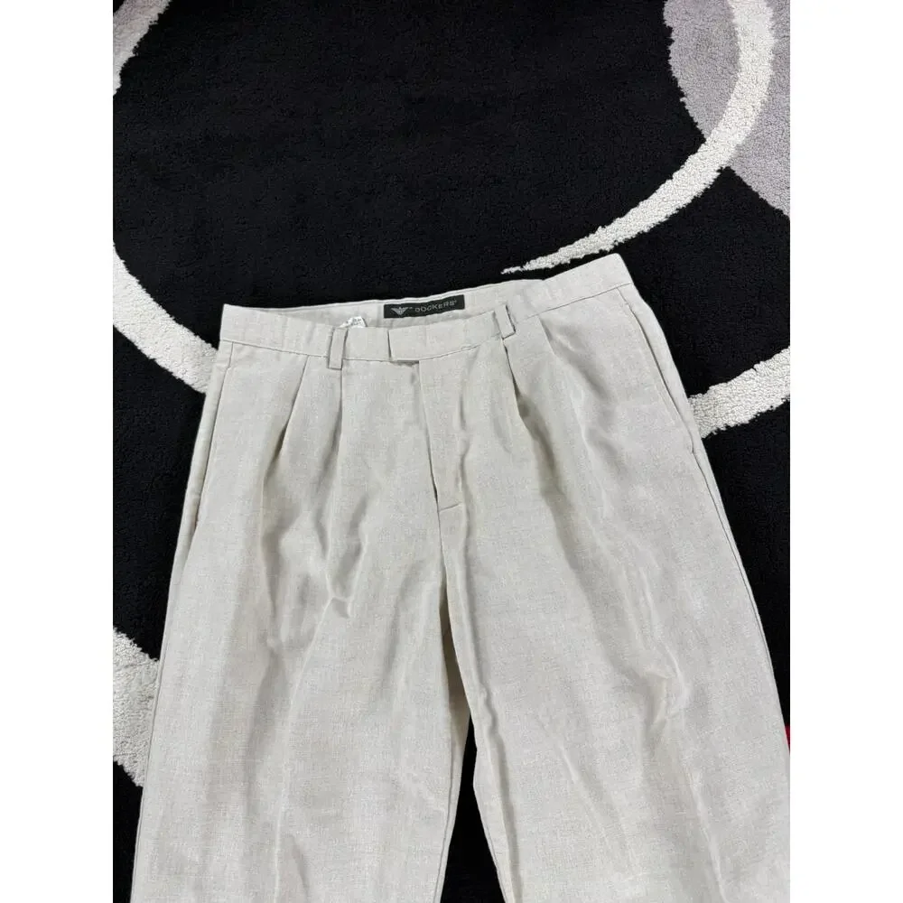 Dockers Pants Mens 36x32 Cream Linen Blend Cotton Pleated Casual Beach Cuffed